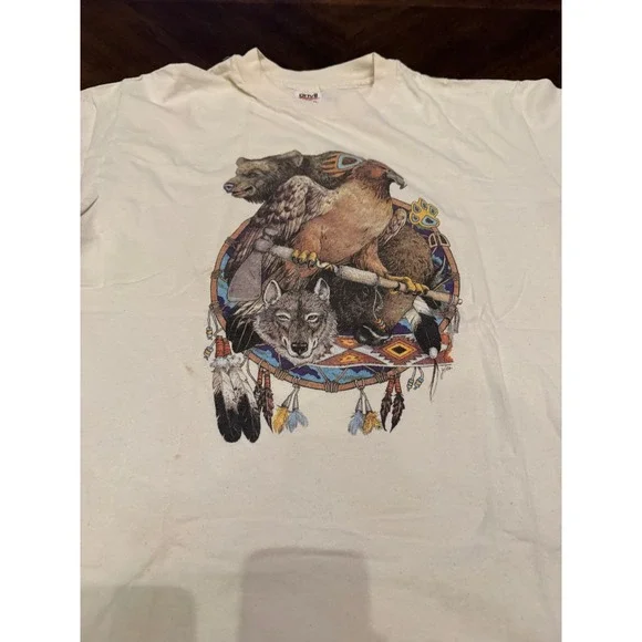 Vintage Anvil Wolf Eagle Bear Dreamcatcher Graphic T-Shirt Men XL Cream USA Made - Picture 4 of 7